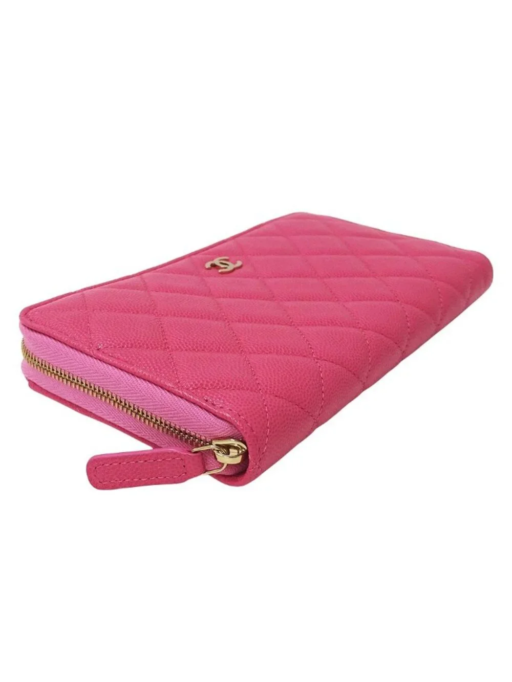 Chanel Wallet Quilted Chief Caviar Leather Pink Gold Zip Around